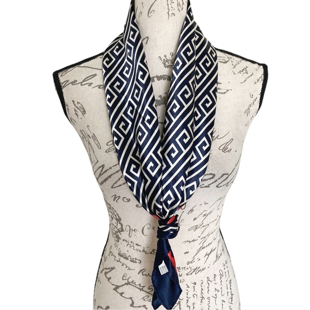 Oversized Satin Square Scarf Navy Red Geometric Old Money Classic Preppy💖